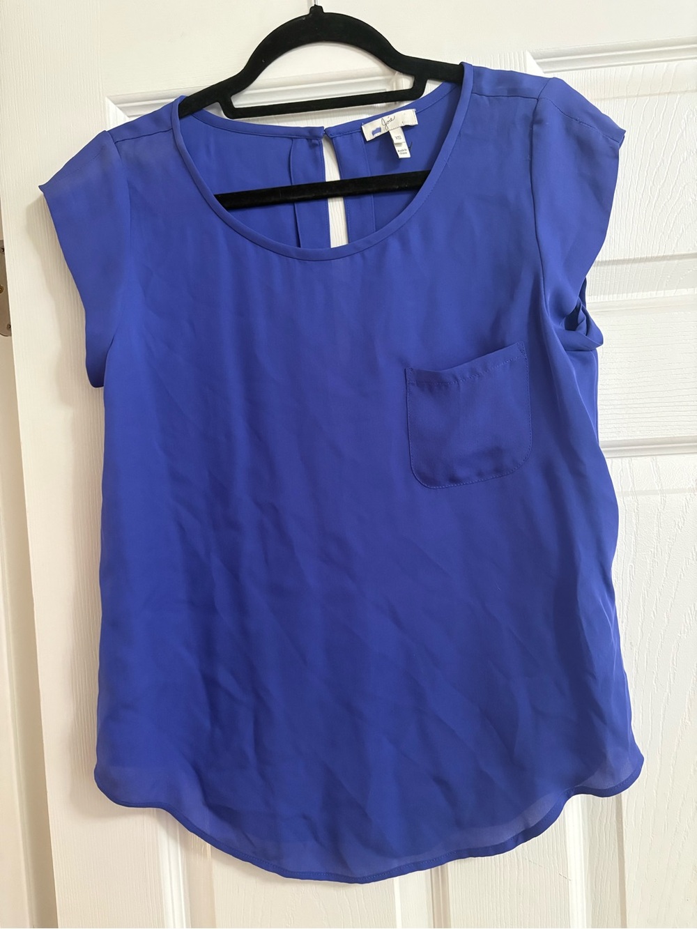 Joie 100% silk short sleeve blouse top royal blue keyhole quiet luxury XS